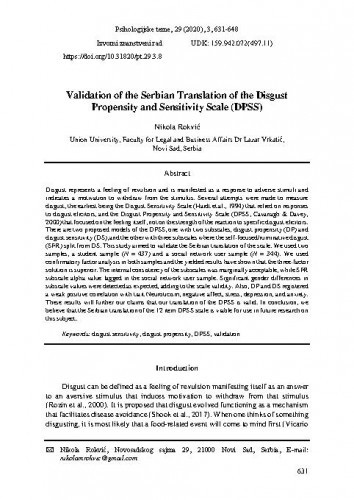Validation of the Serbian translation of the Disgust Propensity and Sensitivity Scale (DPSS) / Nikola Rokvić.