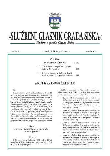 Službeni glasnik Grada Siska  : službeno glasilo Grada Siska : 2,15(2023) / uredništvo Gordana Karapandža Prica ... [et al.].