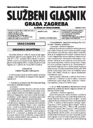 Službeni glasnik grada Zagreba : 66,13(2022) / glavna urednica Mirjana Lichtner Kristić.