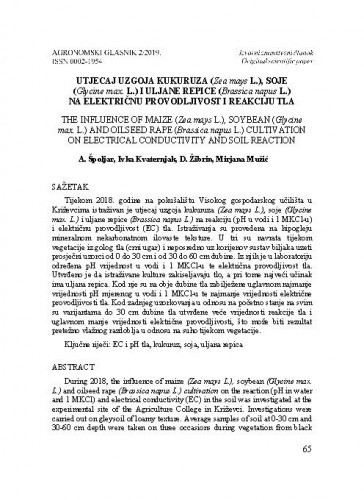 Utjecaj uzgoja kukuruza (Zea mays L.), soje (Glycine max. L.) i uljane repice (Brassica napus L.) na električnu provodljivost i reakciju tla = The influence of maize (Zea mays L.), soybean, (Glycine max. L.) and oilseed rape (Brassica napus L.) cultivation on electrical conductivity and soil reaction / Andrija Špoljar, Ivka Kvaternjak, Drago Žibrin, Mužić Mirjana.
