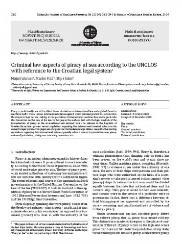 Criminal law aspects of piracy at sea according to the UNCLOS with reference to the Croatian legal system / Maja Buhovac, Marko Pilić, Stipe Jukić.