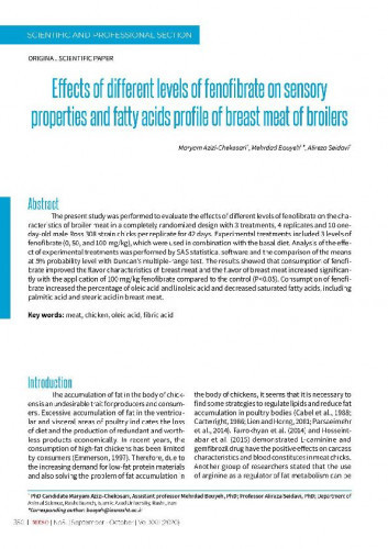 Effects of different levels of fenofibrate on sensory properties and fatty acids profile of breast meat of broilers   / Maryam Azizi-Chekosari, Mehrdad Bouyeh, Alireza Seidavi.