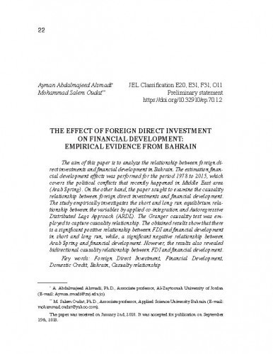 The effect of foreign direct investment on financial development : empirical evidence from Bahrain / Ayman Abdalmajeed Alsmadi, Mohammad Salem Oudat.