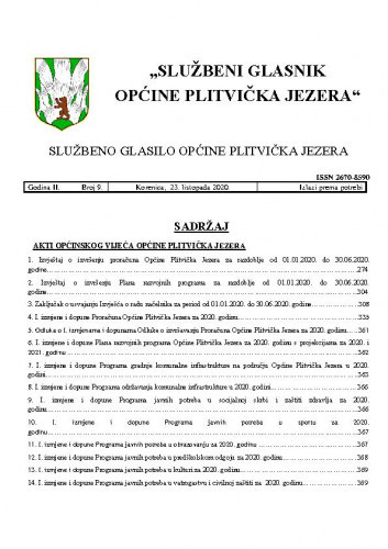 Službeni glasnik Općine Plitvička Jezera : službeno glasilo Općine Plitvička Jezera : 2,9(2020) / glavni i odgovorni urednik Marija Vlašić.