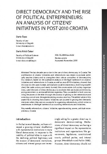 Direct democracy and the rise of political entrepreneurs : an analysis of citizens' initiatives in post-2010 Croatia / Dario Čepo, Dario Nikić Čakar.