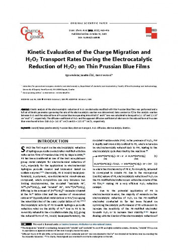 Kinetic evaluation of the charge migration and H2O2 transport rates during the electrocatalytic reduction of H2O2 on thin Prussian blue films / Egon Rešetar, Sandra Čičić, Damir Iveković.