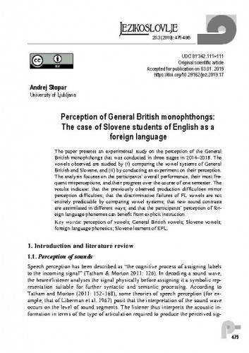Perception of General British monophthongs : the case of Slovene students of English as a foreign language / Andrej Stopar.