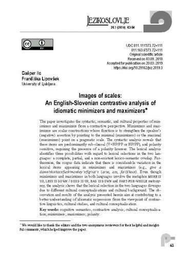 Images of scales : an English-Slovenian contrastive analysis of idiomatic minimizers and maximizers / Gašper Ilc, Frančiška Lipovšek.
