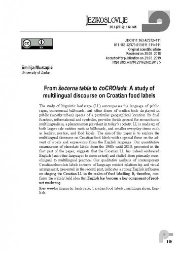 From šećerna tabla to čoCROlada : a study of multilingual discourse on Croatian food labels / Emilija Mustapić.