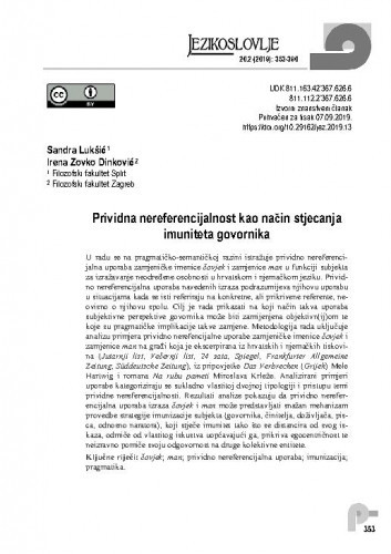 Prividna nereferencijalnost kao način stjecanja imuniteta govornika / Sandra Lukšić, Irena Zovko Dinković.