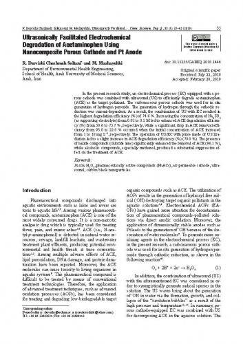 Ultrasonically facilitated electrochemical degradation of acetaminophen using nanocomposite porous cathode and Pt anode / Reza Darvishi Cheshmeh Soltani, M. Mashayekhi.