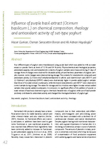 Influence of purple basil extract (Ocimum basilicum L.) on chemical composition, rheology and antioxidant activity of set-type yoghurt / Hacer Gurkan, Osman Seracettin Boran, Ali Adnan Hayaloglu.