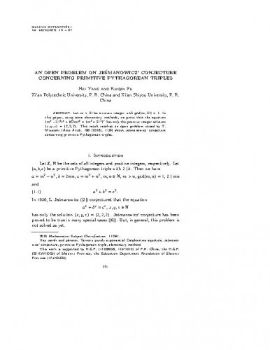 An open problem on Jeśmanowicz′ conjecture concerning primitive Pythagorean triples   / Hai Yang, Ruiqin Fu.