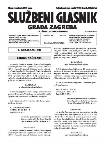 Službeni glasnik grada Zagreba : 65, 10(2021) / glavna urednica Mirjana Lichtner Kristić.