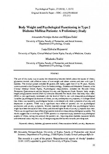 Body weight and psychological functioning in type 2 diabetes mellitus patients : a preliminary study / Alessandra Pokrajac-Bulian, Miljana Kukić, Mladenka Tkalčić, Sanja Klobučar Majanović.