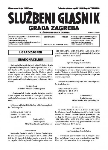 Službeni glasnik grada Zagreba : 63,21(2019) / glavna urednica Mirjana Lichtner Kristić.