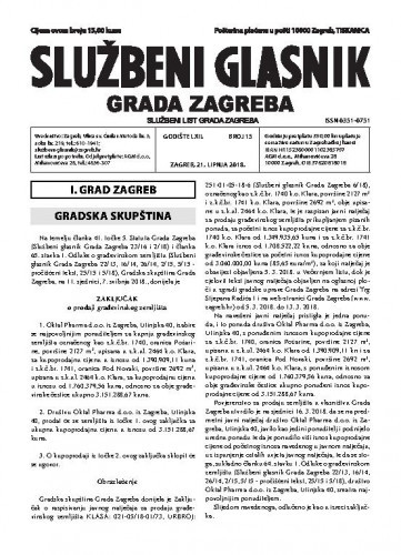 Službeni glasnik grada Zagreba : 62,15(2018) / glavna urednica Mirjana Lichtner Kristić.
