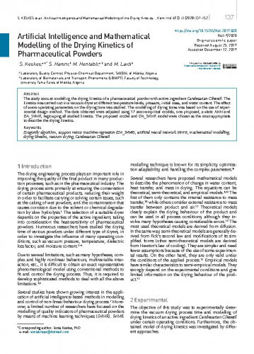 Artificial intelligence and mathematical modelling of the drying kinetics of pharmaceutical powders / Sonia Keskes, Salah Hanini, Mohamed Hentabli, Maamar Laidi.