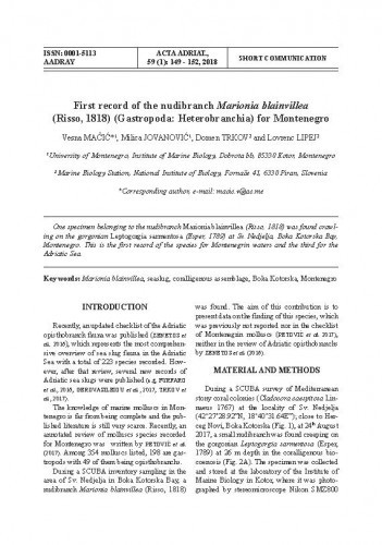 First record of the nudibranch Marionia blainvillea (Risso, 1818) (Gastropoda: Heterobranchia) for Montenegro /Vesna Mačić, Milica Jovanović, Domen Trpkov, Lovrenc Lipej.