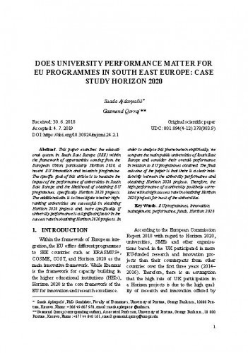 Does university performance matter for EU programmes in South East Europe : case study Horizon 2020 / Suada Ajdarpašić, Gazmend Qorraj.