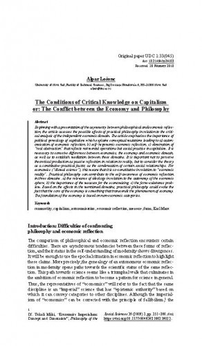 The conditions of critical knowledge on capitalism or : the conflict between the economy and philosophy / Alpar Lošonc.