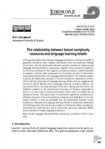 The relationship between lexical complexity measures and language learning beliefs / Ervin Kovačević.