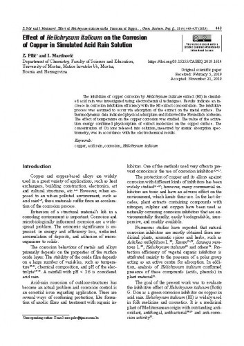 Effect of Helichrysum italicum on the corrosion of copper in simulated acid rain solution / Zora Pilić, Ivana Martinović.