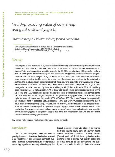 Health-promoting value of cow, sheep and goat milk and yogurts / Beata Paszczyk, Elżbieta Tońska, Joanna Łuczyńska.