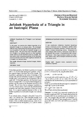 Jeřabek hyperbola of a triangle in an isotropic plane /Zdenka Kolar-Begović, Ružica Kolar-Šuper, Vladimir Volenec.