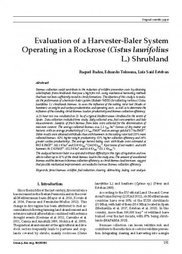 Evaluation of a harvester-baler system operating in a rockrose (Cistus laurifolius L.) shrubland / Raquel Bados, Eduardo Tolosana, Luis Saúl Esteban.