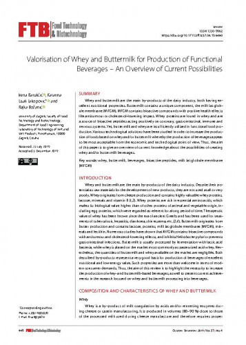 Valorisation of whey and buttermilk for production of functional beverages : an overview of current possibilities / Irena Barukčić, Katarina Lisak Jakopović, Rajka Božanić.