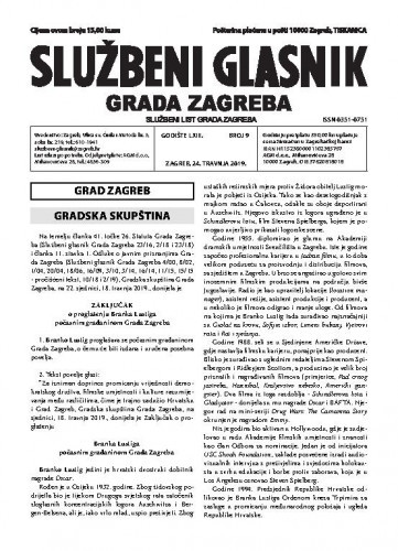 Službeni glasnik grada Zagreba : 63,9(2019) / glavna urednica Mirjana Lichtner Kristić.
