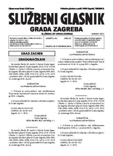 Službeni glasnik grada Zagreba : 62,27(2018) / glavna urednica Mirjana Lichtner Kristić.