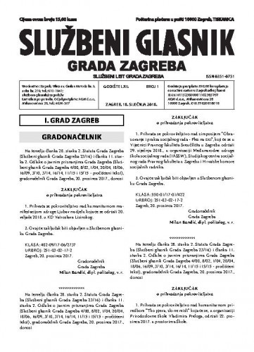 Službeni glasnik grada Zagreba : 62,1(2018) / glavna urednica Mirjana Lichtner Kristić.