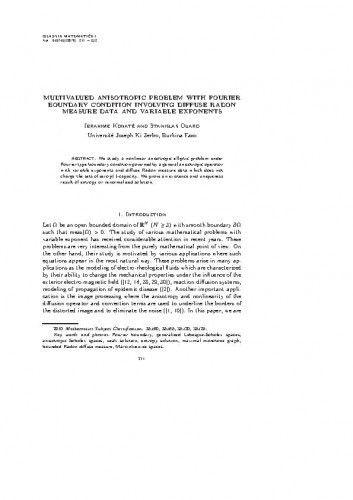 Multivalued anisotropic problem with Fourier boundary condition involving diffuse Radon measure data and variable exponents   / Ibrahime Konaté, Stanislas Ouaro.
