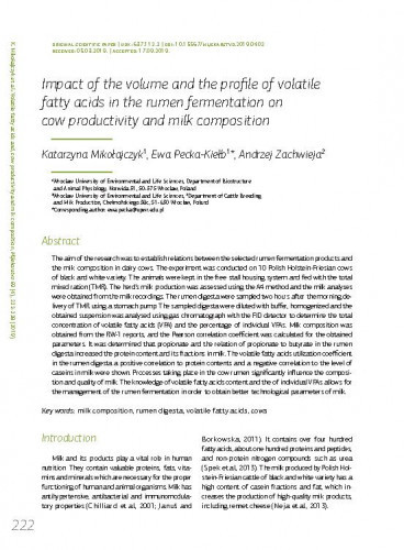 Impact of the volume and the profile of volatile fatty acids in the rumen fermentation on cow productivity and milk composition / Katarzyna Mikołajczyk, Ewa Pecka-Kiełb, Andrzej Zachwieja.