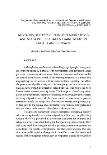 Migration, the perception of security risks and media interpretation frameworks in Croatia and Hungary / Vlatko Cvrtila, Marija Slijepčević, Tomislav Levak.