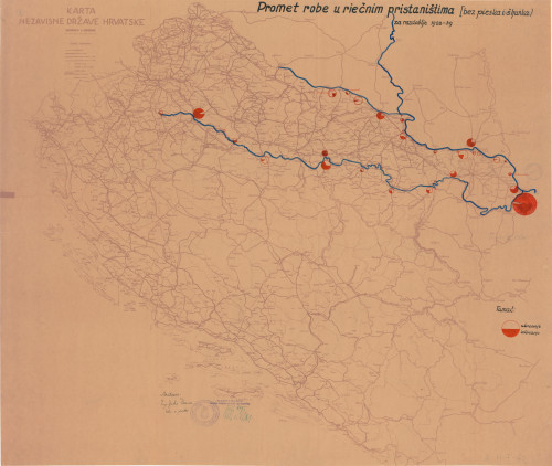 Karta Nezavisne Države Hrvatske  : promet robe u riečnim pristaništima (bez pieska i šljunka) : za razdoblje 1928-39.