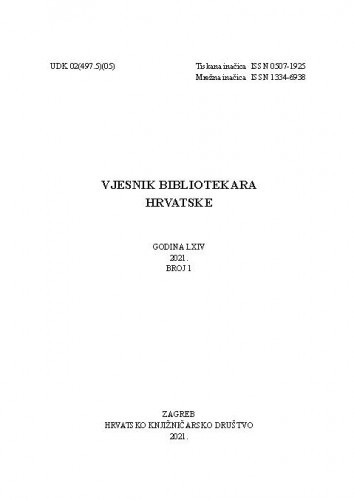 Vjesnik bibliotekara Hrvatske : 64,1(2021) / glavna i odgovorna urednica, editor-in-chief Kornelija Petr Balog.