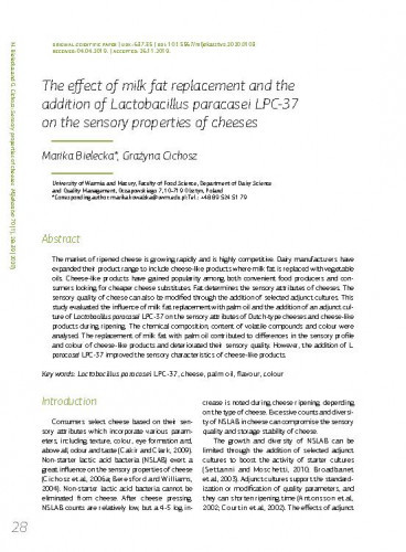 The effect of milk fat replacement and the addition of Lactobacillus paracasei LPC-37 on the sensory properties of cheeses / Marika Bielecka, Grażyna Cichosz.