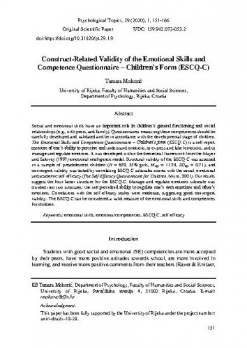 Construct-related validity of the emotional skills and competence questionnaire - children's form : (ESCQ-C) / Tamara Mohorić.