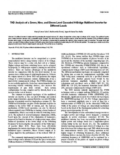 THD analysis of a seven, nine, and eleven level cascaded H-Bridge multilevel inverter for different loads / Manoj Kumar Sahu, Madhusmita Biswal, Jagan Mohana Rao Malla.