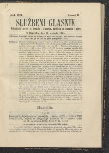 Službeni glasnik pokrajinske uprave za Hrvatsku i Slavoniju, odjeljenja za prosvjetu i vjere: 3,2(1924)