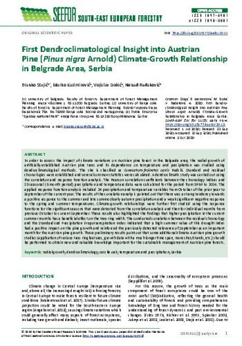 First dendroclimatological insight into Austrian pine (Pinus nigra Arnold) climate-growth relationship in Belgrade area, Serbia / Branko Stajić, Marko Kazimirović, Vojislav Dukić, Nenad Radaković.