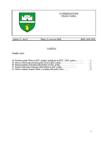 Službene novine Grada Čabra : službeno glasilo Grada Čabra : 5,9(2020) / glavna urednica Ivana Lakota.