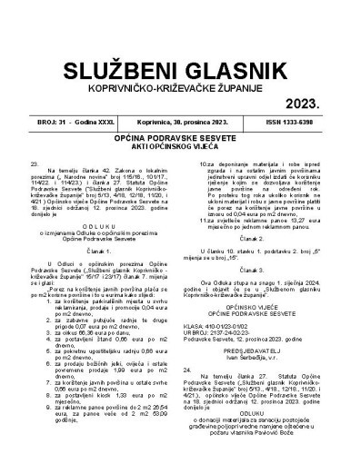 Službeni glasnik Koprivničko-križevačke županije : 31,31(2023)  / glavni i odgovorni urednik Ljubica Belobrk Flamaceta.