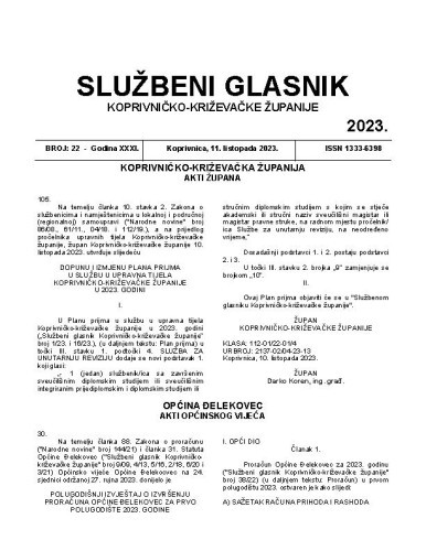 Službeni glasnik Koprivničko-križevačke županije : 31,22 (2023)  / glavni i odgovorni urednik Ljubica Belobrk Flamaceta.
