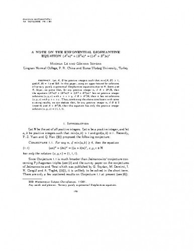 A note on the exponential Diophantine equation (A 2n) x+(B 2n) y=((A 2+B 2)n) z   / Maohua Le, Gökhan Soydan.