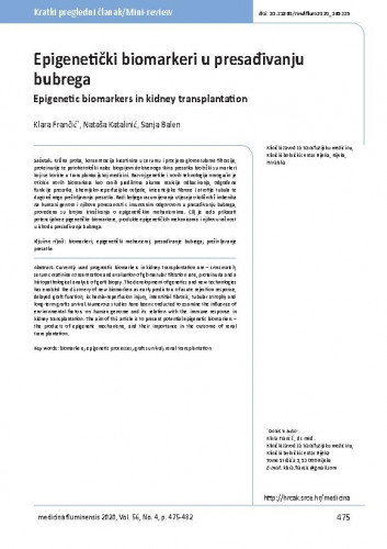 Epigenetički biomarkeri u presađivanju bubrega = Epigenetic biomarkers in kidney transplantation / Klara Frančić, Nataša Katalinić, Sanja Balen.