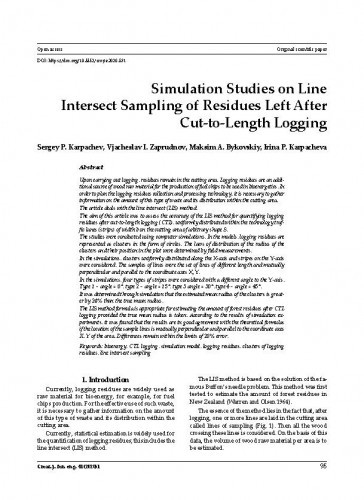 Simulation studies on line intersect sampling of residues left after cut-to-length logging / Sergey P. Karpachev, Vjacheslav I. Zaprudnov, Maksim A. Bykovskiy, Irina P. Karpacheva.